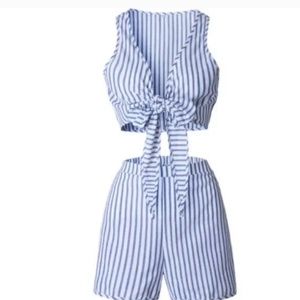 New 2 piece cropped tie front seersucker striped shorts set s-xl